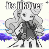 a black and white drawing of a girl with the words it 's jikover written above her