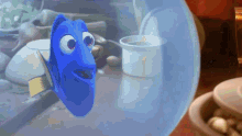 a blue fish is looking out of a bubble filled with water