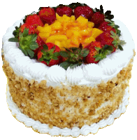 a cake with strawberries and sliced peaches on top