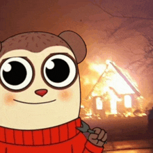 a cartoon character in a red sweater is smiling in front of a burning house