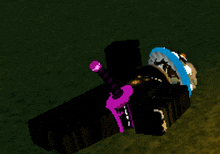 a video game character is laying on the ground with a purple and pink item on his chest