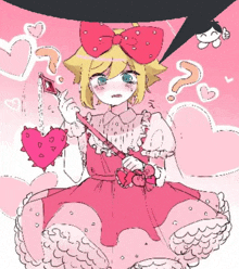 a drawing of a girl in a pink dress holding a heart on a chain