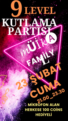 a poster for a 9 level kutlama partisi with a purple background