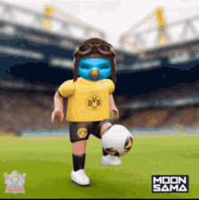 a toy soccer player wearing a yellow bvb shirt kicking a ball