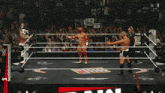two wrestlers in a wrestling ring with a sign that says cruelty has a name on it
