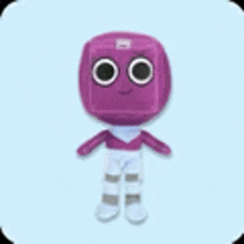 a purple robot with big eyes and a purple head is standing on a blue background .