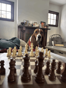 a basset hound playing a game of chess with a fireplace in the background