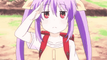 a girl with purple hair and red eyes salutes