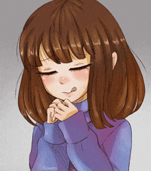 a drawing of a girl with brown hair and a blue sweater by flowery