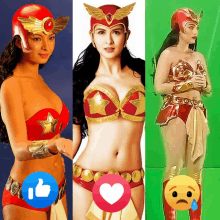 three pictures of a woman in a superhero costume with a like and a heart