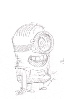 a black and white pencil drawing of a minion with a magnifying glass on his face .