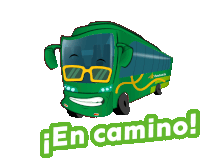 a green cartoon bus with glasses and the words en camino below it