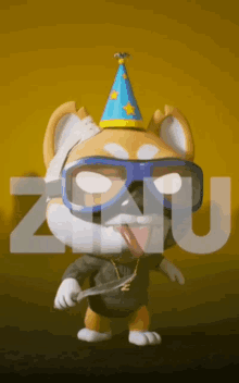 a cartoon dog wearing a party hat and sunglasses is holding a knife