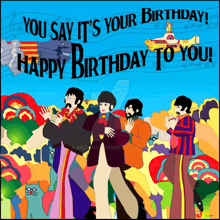 a happy birthday card with the beatles on it