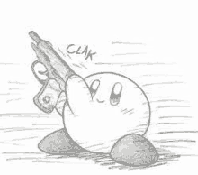 kirby is holding a gun in his hand in a drawing .