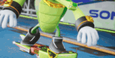 a cartoon character is riding a skateboard with the word son written on the wall behind him