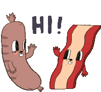 a sausage and a piece of bacon are waving and saying hi