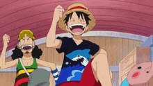 a man wearing a shirt with a shark on it is sitting on another man 's shoulders