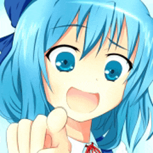 a close up of a blue haired anime girl pointing at the camera