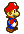 a pixel art drawing of mario wearing a red hat and blue and white pants .