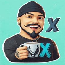 a man with a beard and mustache is holding a cup of coffee with the letter x next to him