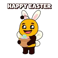 a bee wearing bunny ears is holding a basket of easter eggs