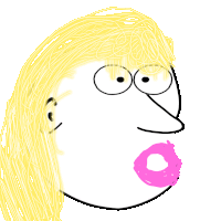 a cartoon drawing of a woman with a pink donut in her mouth