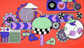 a colorful illustration of a machine with a heart and a diamond on it