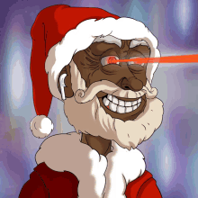 a cartoon drawing of santa claus with red eyes and a beard