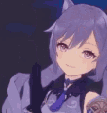 a close up of a purple haired anime girl holding a gun in her hand .