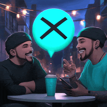 two men are sitting at a table with a speech bubble with an x in it