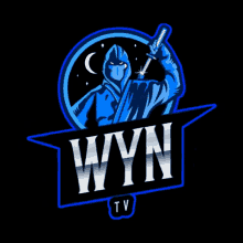 a logo for wyn tv has a ninja holding a sword