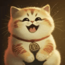 a cat with a necklace around its neck is smiling and holding a star in its paws .