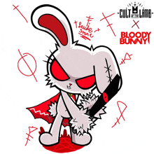 a cartoon of a bloody bunny with the cult of the lamb logo