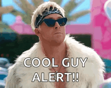 a man wearing sunglasses and a fur coat with the words cool guy alert written on it