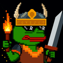 a pixel art of a frog wearing a viking hat