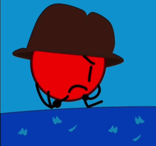 a red cartoon character wearing a brown hat
