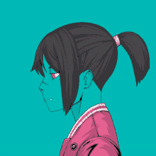 a drawing of a girl with a ponytail and a button that says ' a ' on it