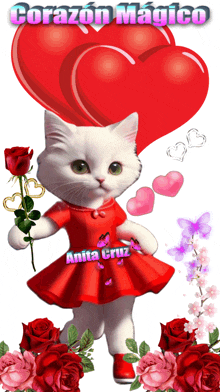 a white cat in a red dress with the name anita cruz