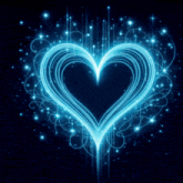 a blue heart with swirls and stars on a dark background
