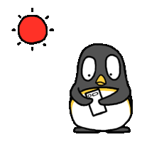 a cartoon of a penguin holding a cell phone in front of a sun