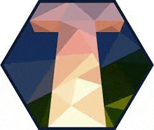 the letter t is made up of triangles and is in a hexagon .