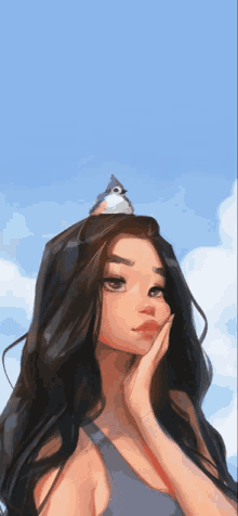 a drawing of a girl with a bird sitting on her head