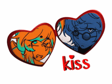 a couple of hearts with the word kiss in red