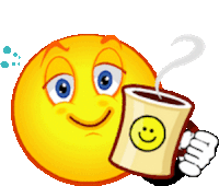 a smiley face is holding a cup of coffee