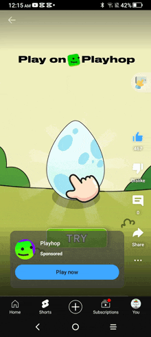 a screenshot of a playhop app shows a hand pointing at an egg