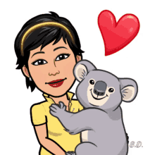 a cartoon of a woman hugging a koala bear with a heart above it