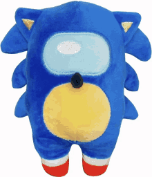 a blue stuffed sonic with red white and blue feet