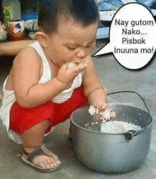 a baby is eating rice from a bowl .