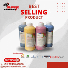 four bottles of kiga solvent ink are displayed on a super traders ad